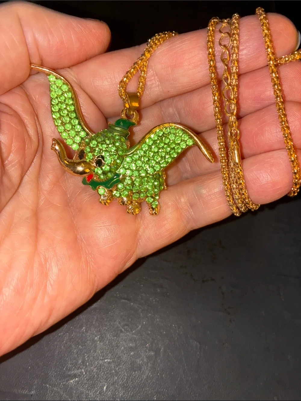 Gold-Tone Green Dumbo Pendant Vibrant Green Rhinestones